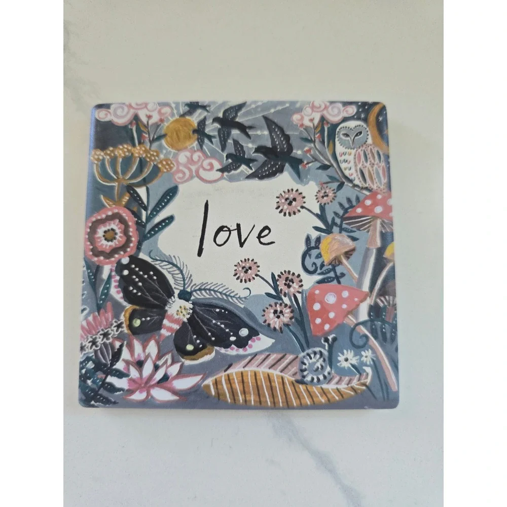 Set of 4‎ Whimsical Ceramic Coasters Forest Folk Art Love Believe Blessings Joy